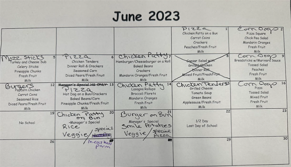  June Lunch Menu
