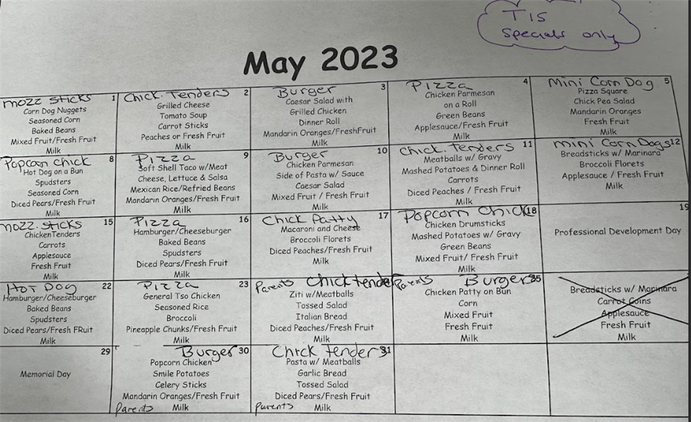  May Lunch Menu